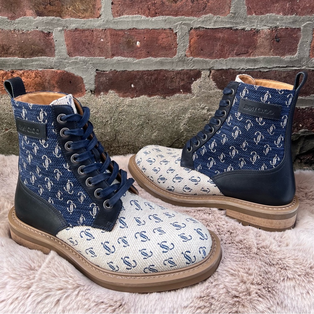 NEW Size 39.5 Jimmy Choo Turing/M Sand Dune Navy Logo Print Combat Moto Boots - Picture 2 of 12